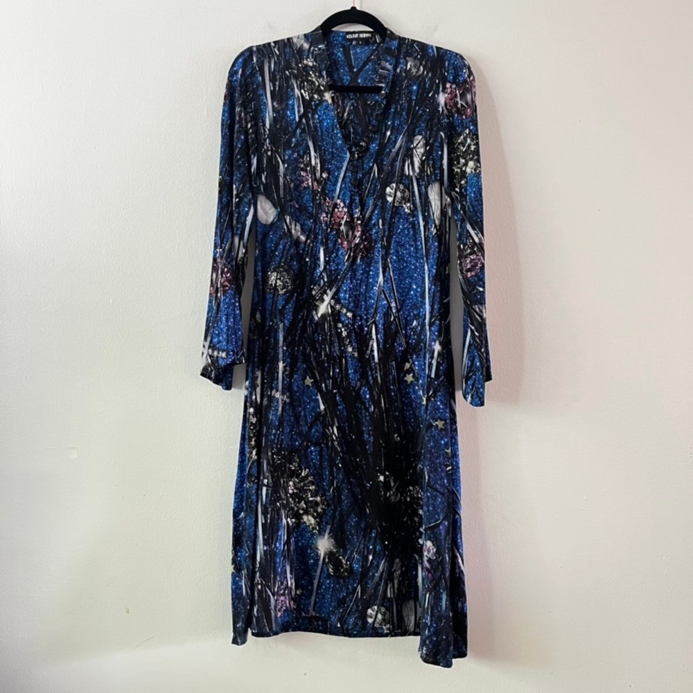 Hildur Yeoman Silk Long Sleeve Fit and Flare Dress Blue V-Neck size small